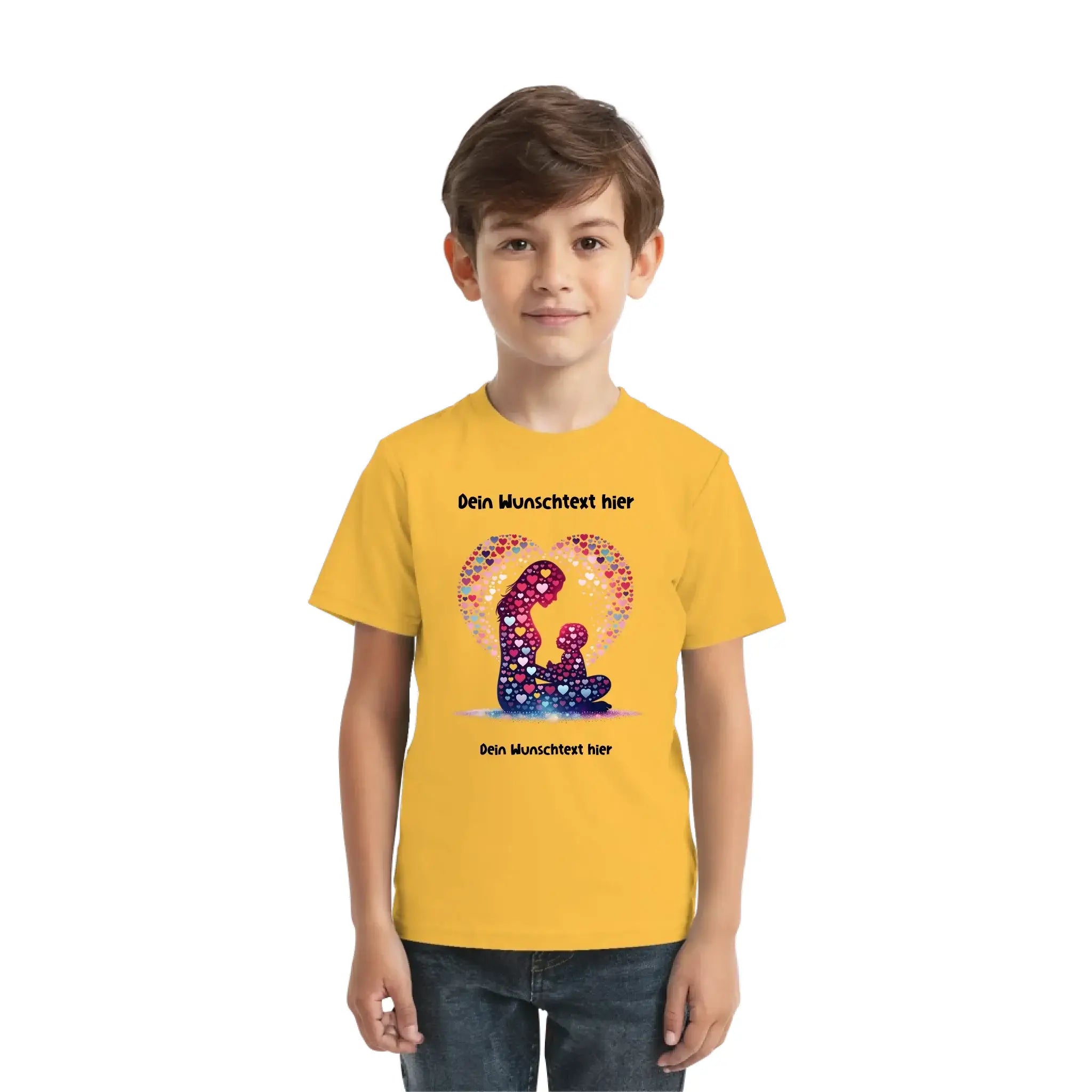 Gelbes kurzarmshirt mit buntem herzmotiv aus zwei figuren und wunschtext aus der statement-collection beste mama