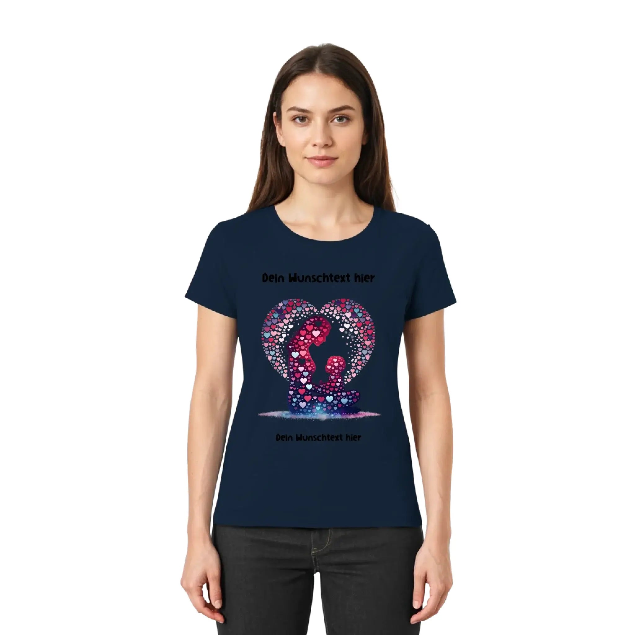Navyblaue damen t shirt mit pink lila herz aus funkelnden punkten und platzhalter text aus der statement collection beste mama