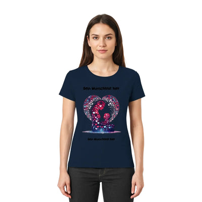 Navyblaue damen t shirt mit pink lila herz aus funkelnden punkten und platzhalter text aus der statement collection beste mama