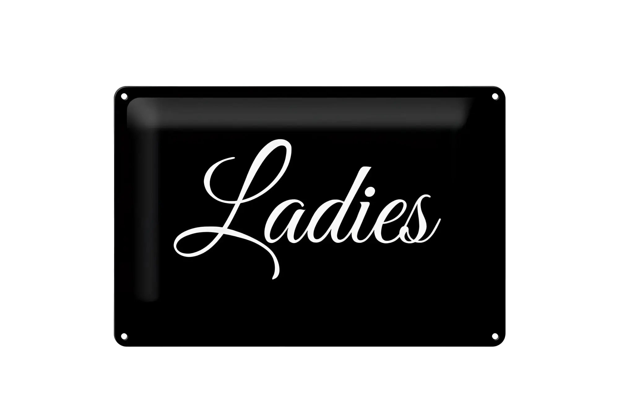 Schwarzes blechschild 20x30cm mit dem wort ladies in eleganter weißer kalligraphie