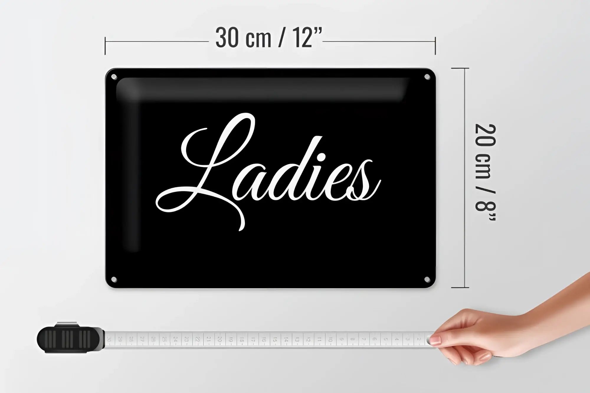 Black rechteckiges blechschild mit weißer handschrift ladies beschriftung 20x30cm für damenräume