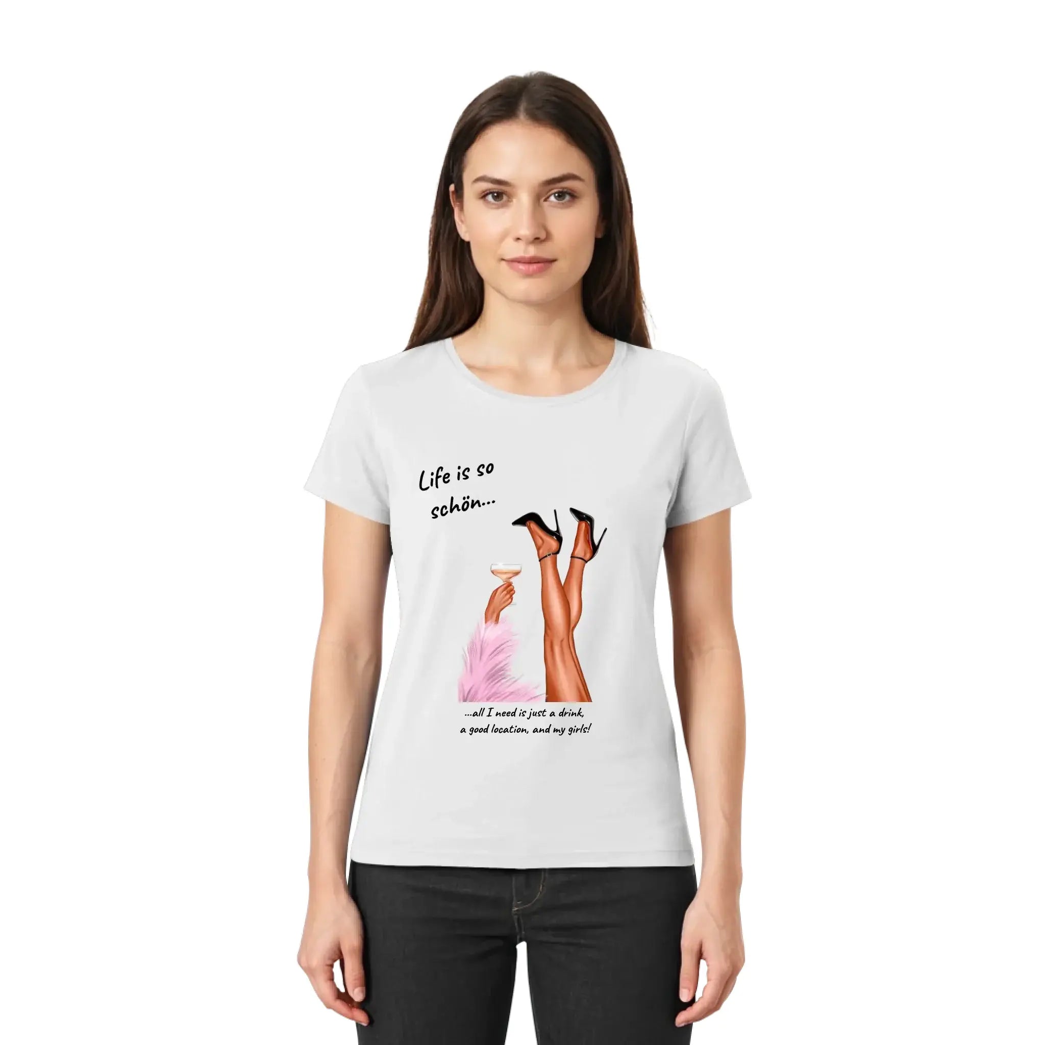 Weißes baumwollshirt mit grafik print beine in high heels und text life is so schön aus der statement collection