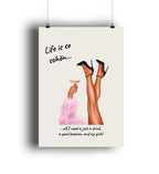 Beiger poster mit illustration von beinen in schwarzen highheels und einer hand mit sektglas aus der statement collection mit sprüchen