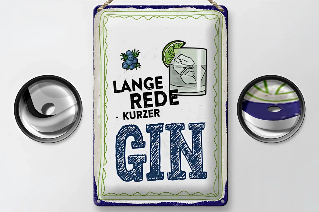 Weißes rechteckiges blechschild 20x30cm mit blauer bordüre und grünem dekor langer rede kurzer gin schwarz