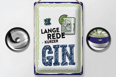 Weißes rechteckiges blechschild 20x30cm mit blauer bordüre und grünem dekor langer rede kurzer gin schwarz
