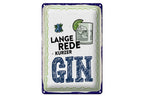 Weißes blechschild 20x30cm mit blauem rand und grünem wellenmuster lange rede kurzer gin in kräftigem blau mit beeren und gin glas