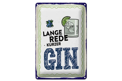 Weißes blechschild 20x30cm mit blauem rand und grünem wellenmuster lange rede kurzer gin in kräftigem blau mit beeren und gin glas