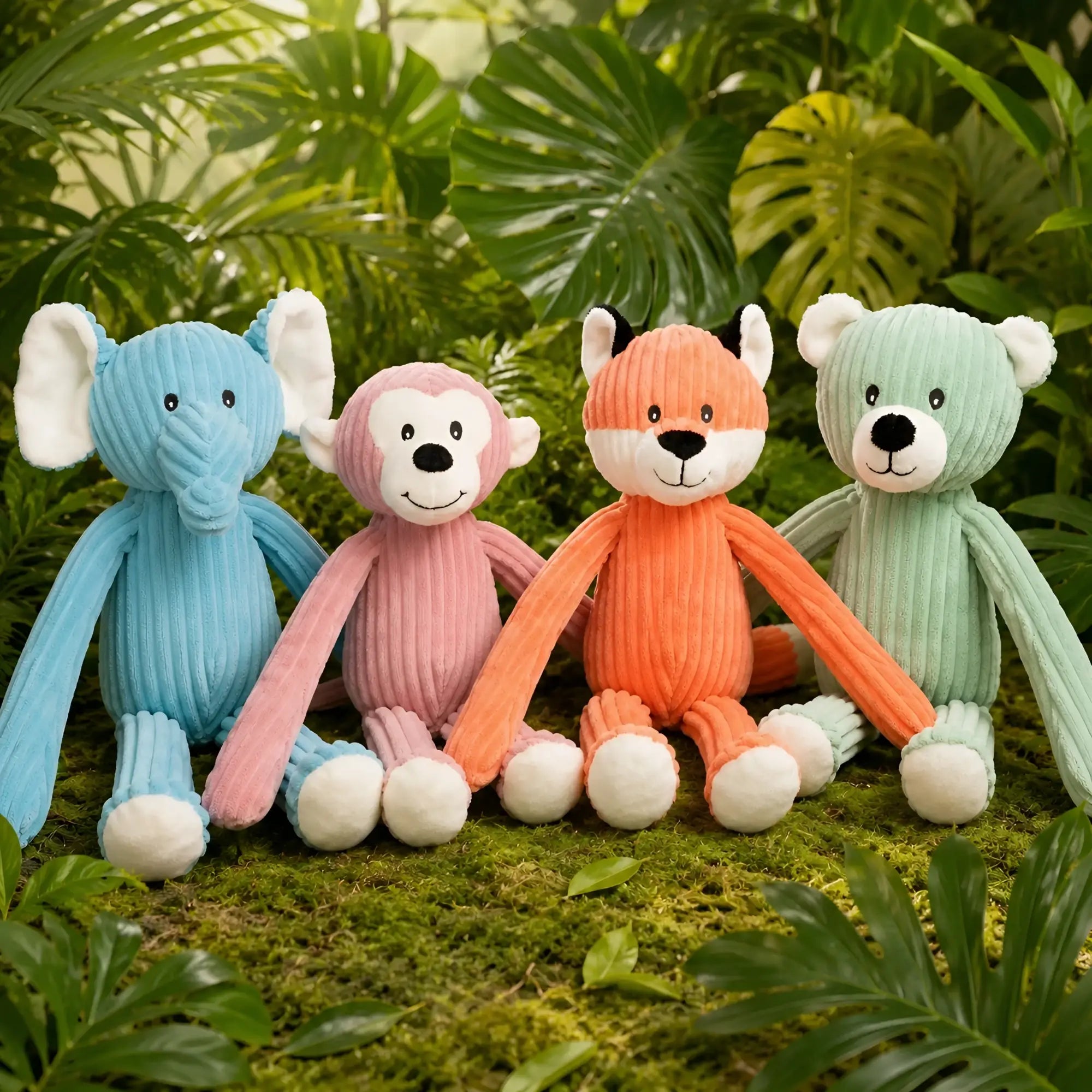 Vier bunte corduroy kn stuffed animals im lanky quartett set von minifeet mit elefant, affe, fuchs und bär