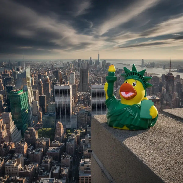 Gelbe badeente als freiheitsstatue mit grüner krone, robben und fackel in liberty duck new york design