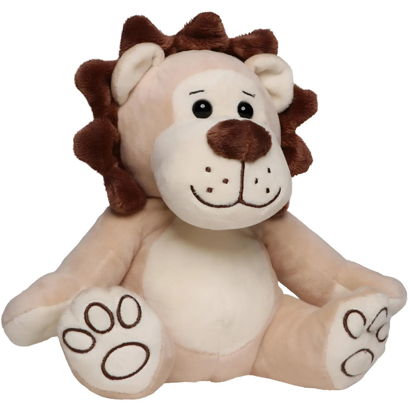 A plush lion toy named löwe luca with a tan body brown mane and embroidered paw prints on its feet