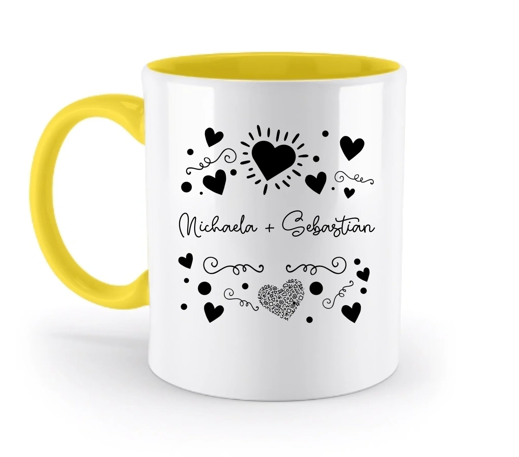 Love Design 1-3 mit Wunschnamen (personalisierbare Motive) - Zweifarbige Tasse / Yellow / 330ml - personalisierbare
