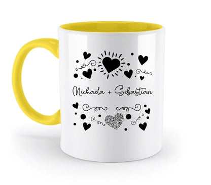 Love Design 1-3 mit Wunschnamen (personalisierbare Motive) - Zweifarbige Tasse / Yellow / 330ml - personalisierbare