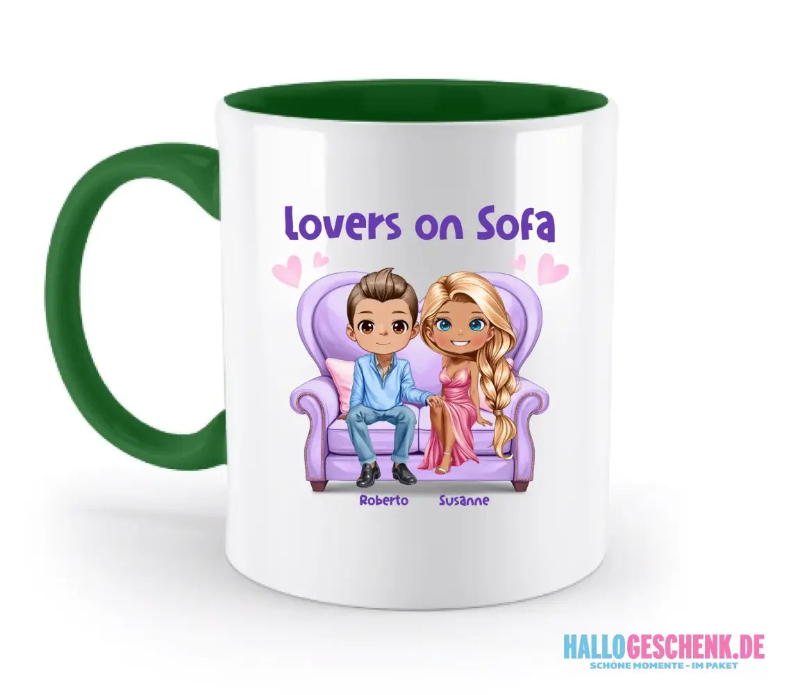 LOVERS ON SOFA (diverse Paare) • mit Wunschtext • zweifarbige Tasse • Exklusivdesign • personalisiert - zweifarbige