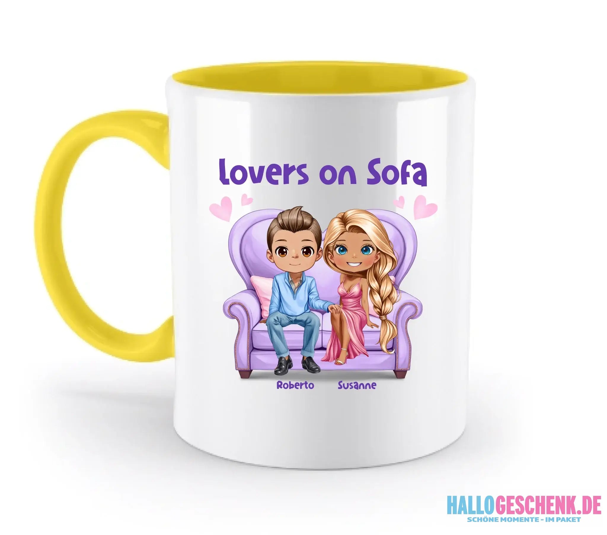 LOVERS ON SOFA (diverse Paare) • mit Wunschtext • zweifarbige Tasse • Exklusivdesign • personalisiert - zweifarbige