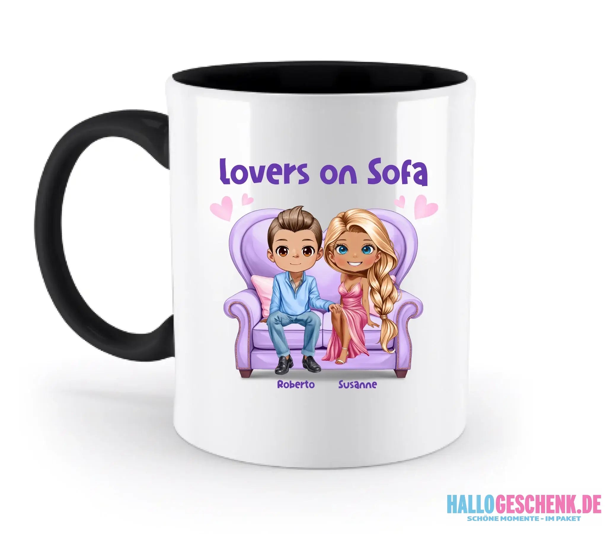 LOVERS ON SOFA (diverse Paare) • mit Wunschtext • zweifarbige Tasse • Exklusivdesign • personalisiert - zweifarbige