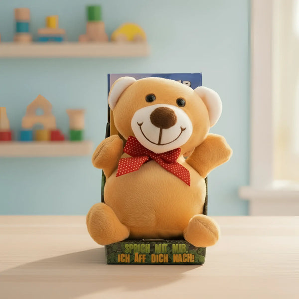 Lustiger laber-bär alex ein plüschiger brauner teddy mit weißer schnauze und roter gepunkteter schleife zum nachplappern