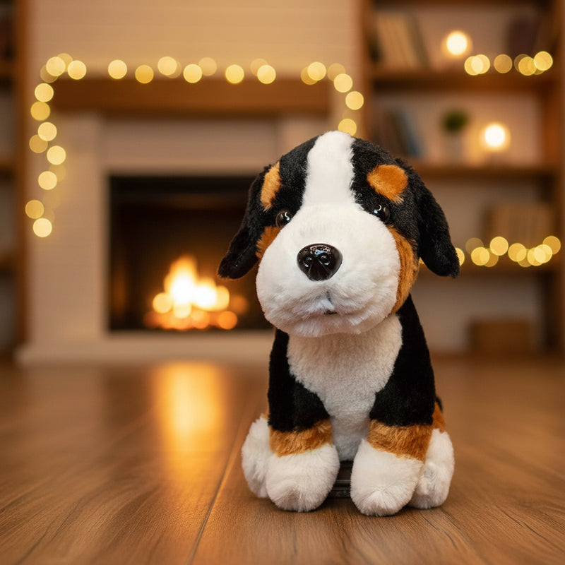 Ein plush swiss mountain dog spielzeug mit schwarzem, weißem und braunem fell aus der lustiger laber-berner-sennenhund reihe
