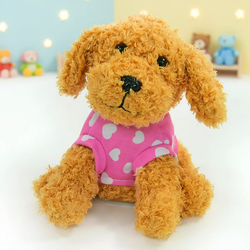 Ein flauschiger goldbrauner lustiger laber-zwergpudel namens sissi mit rosa pullover und weißen herzen