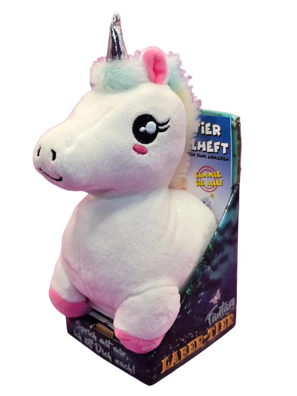 Lustiges Laber-Einhorn SNOWFLAKE das alles nachplappert • weiß • inkl. Batterien • 27x13x18 cm • Labertiere