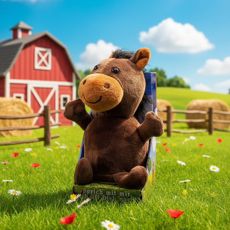 Ein lustiges laber-pferd hugo plush braun mit orangefarbener schnauze und weichem stoff zum nachplappern