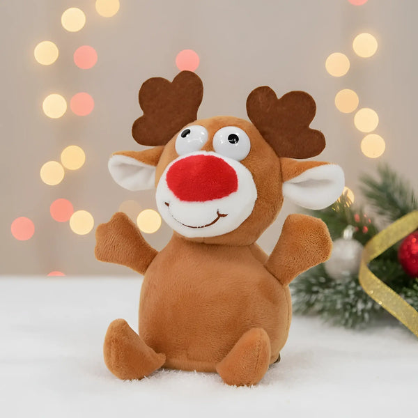 Ein lustiges plush braunes laber-rentier rudolph mit roter nase und weißen akzenten aus weichem stoff inklusive batterien