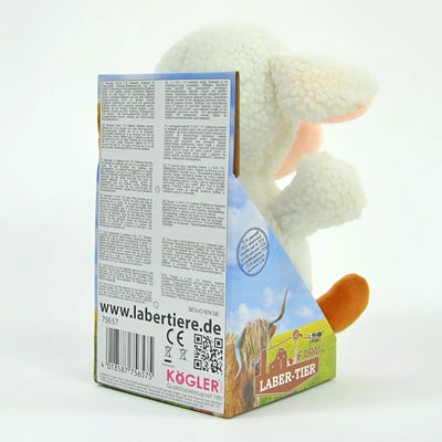 Buntes kartonspielzeug mit cartoon-hase orange ohren und weißes fell von kögler laber-tier für lustiges laber-schaf bubi