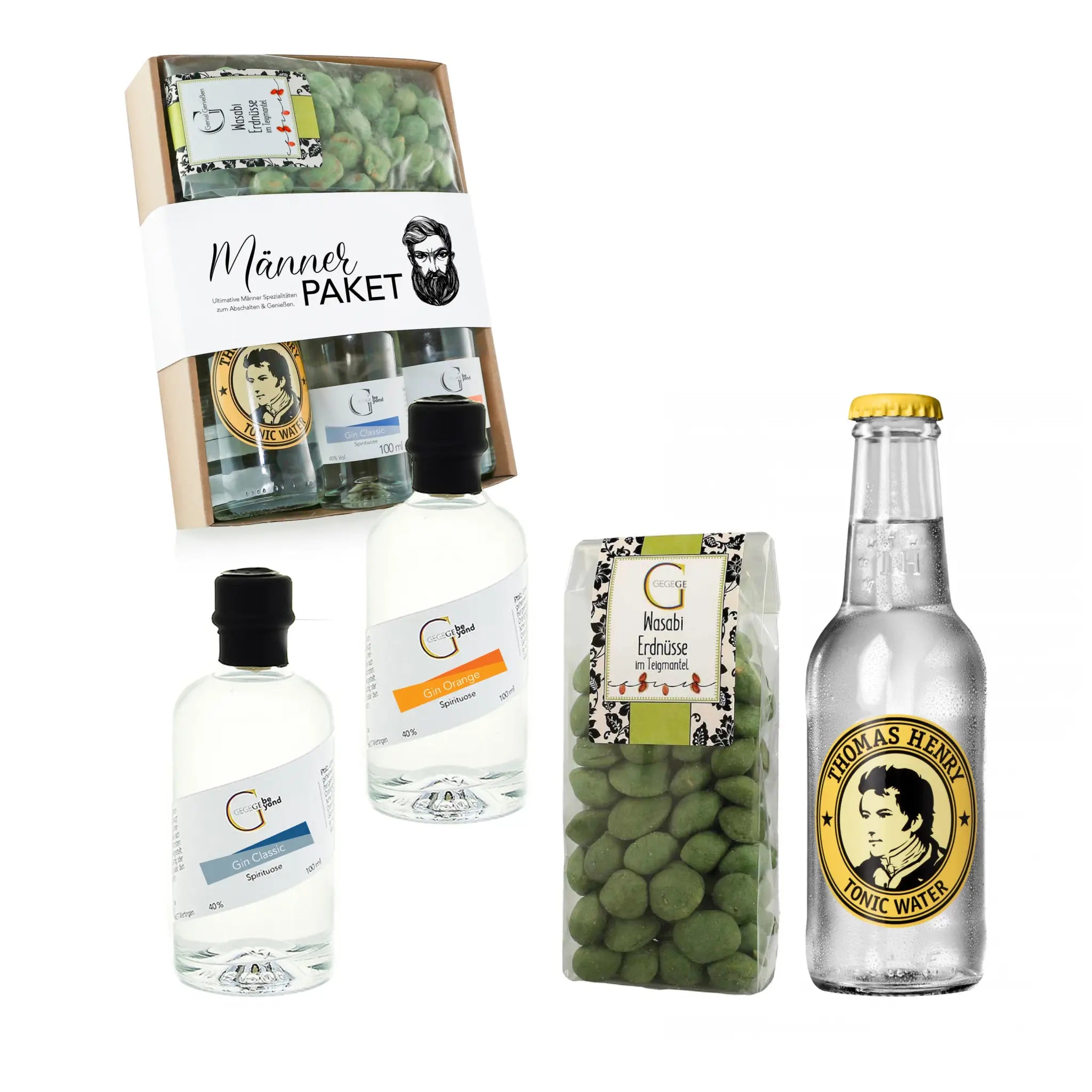 Thomas henry tonic water in klarer glasflasche mit gelbem verschluss und goldenem etikett im männer-paket geschenkset