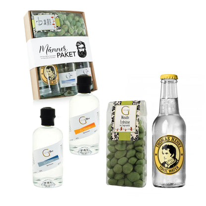 Thomas henry tonic water in klarer glasflasche mit gelbem verschluss und goldenem etikett im männer-paket geschenkset