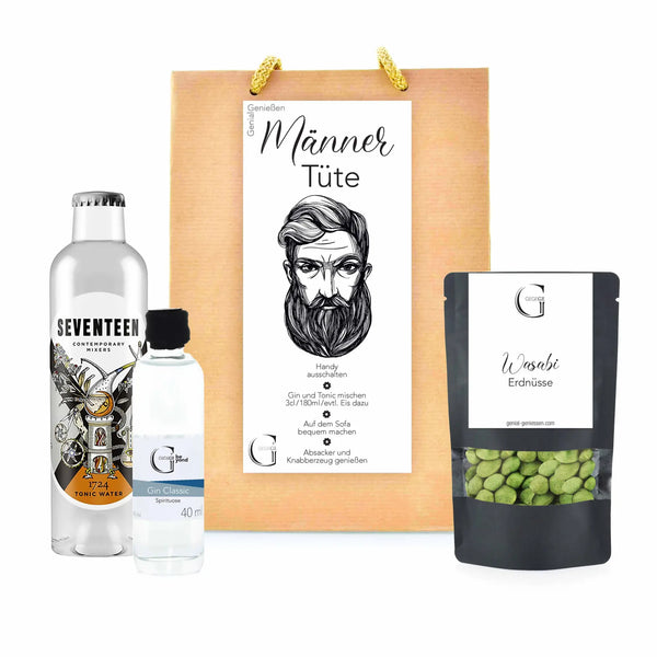Männer tüte präsentkorb mit stilvoll gestaltetem 1724 tonic water glasflasche mit silberverschluss