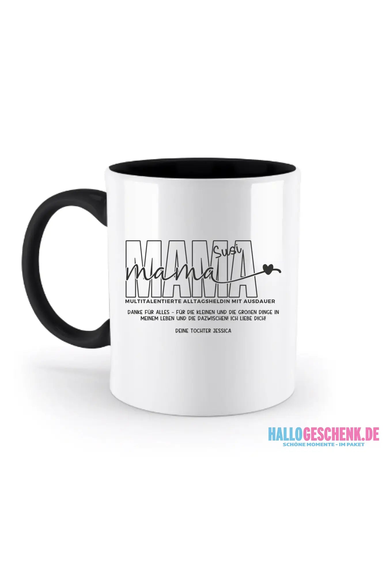 MAMA: Multitalentierte Alltagsheldin mit Ausdauer + Wunschname + Botschaft • zweifarbige Tasse • Exklusivdesign