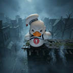 Weiße pvc Quietscheente sammlerente als stay puft marshmallow man mit orangem schnabel und schwarzem matrosenhut