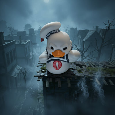 Weiße pvc Quietscheente sammlerente als stay puft marshmallow man mit orangem schnabel und schwarzem matrosenhut