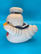 Weiße stay puft marshmallow man gummiente mit schwarzem rand und orangefarbenem schnabel aus pvc von ghostbusters tubbz