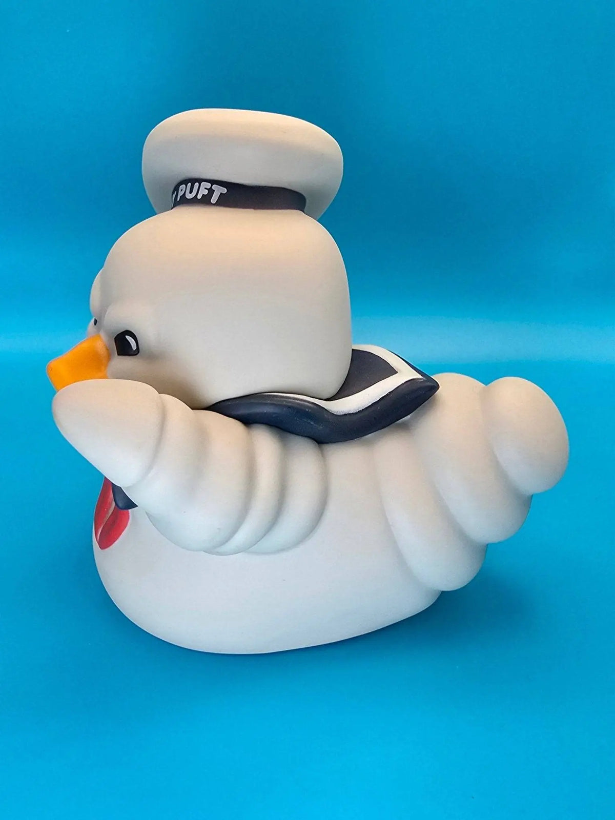 Weiße stay puft marshmallow man gummiente mit schwarzem rand und orangefarbenem schnabel aus pvc von ghostbusters tubbz