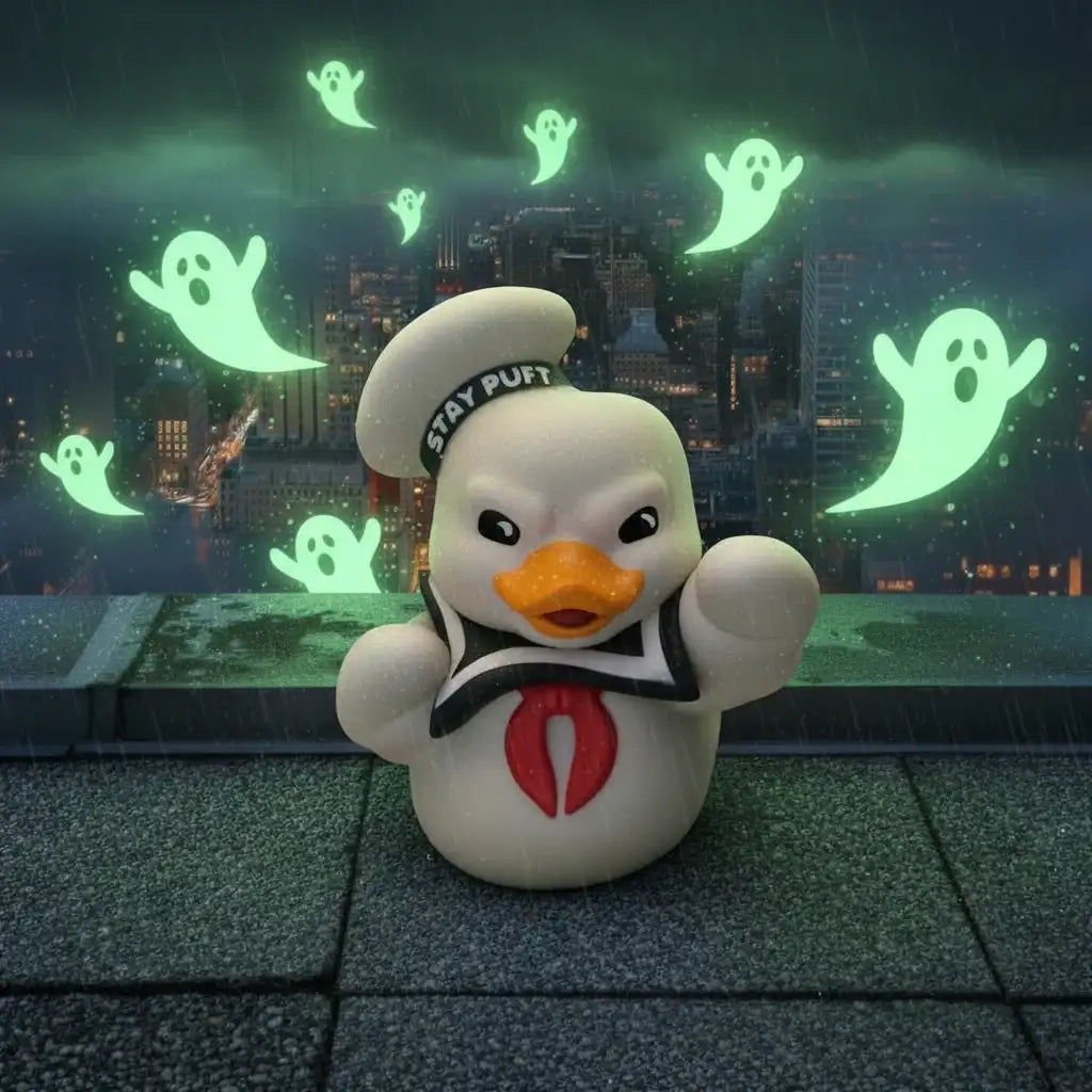 Weiße pvc gummiente designed als stay puft marshmallow man mit Marine seglerhut und rotem band ghostbusters tubbz