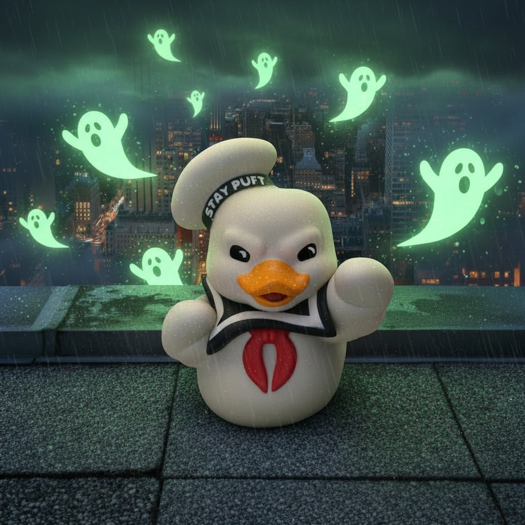 Weiße pvc gummiente designed als stay puft marshmallow man mit Marine seglerhut und rotem band ghostbusters tubbz