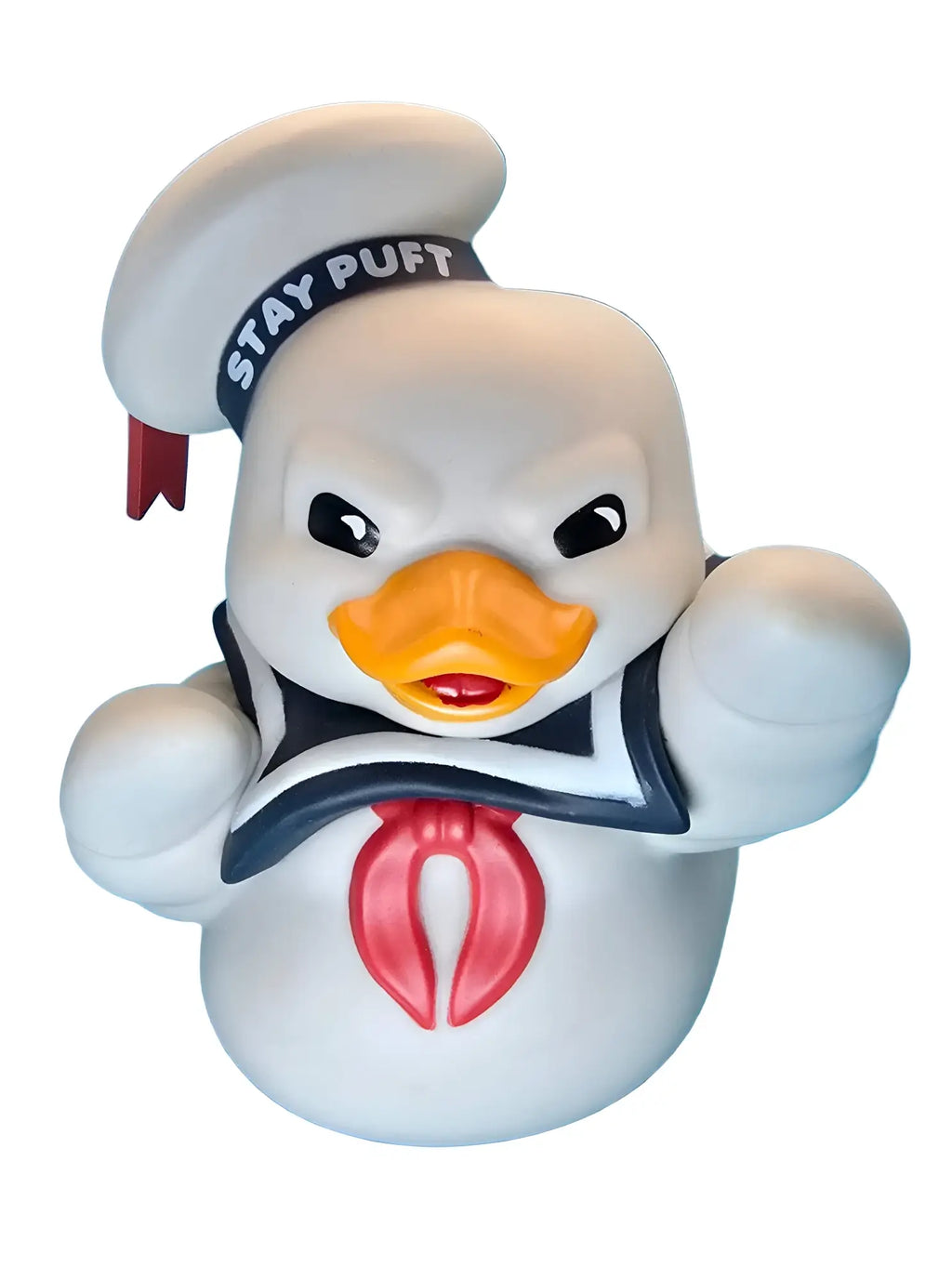 Weiße pvc sammlerente im marshmallow man stay puft design mit schwarzem weißem matrosenhut und rotem herz emblem