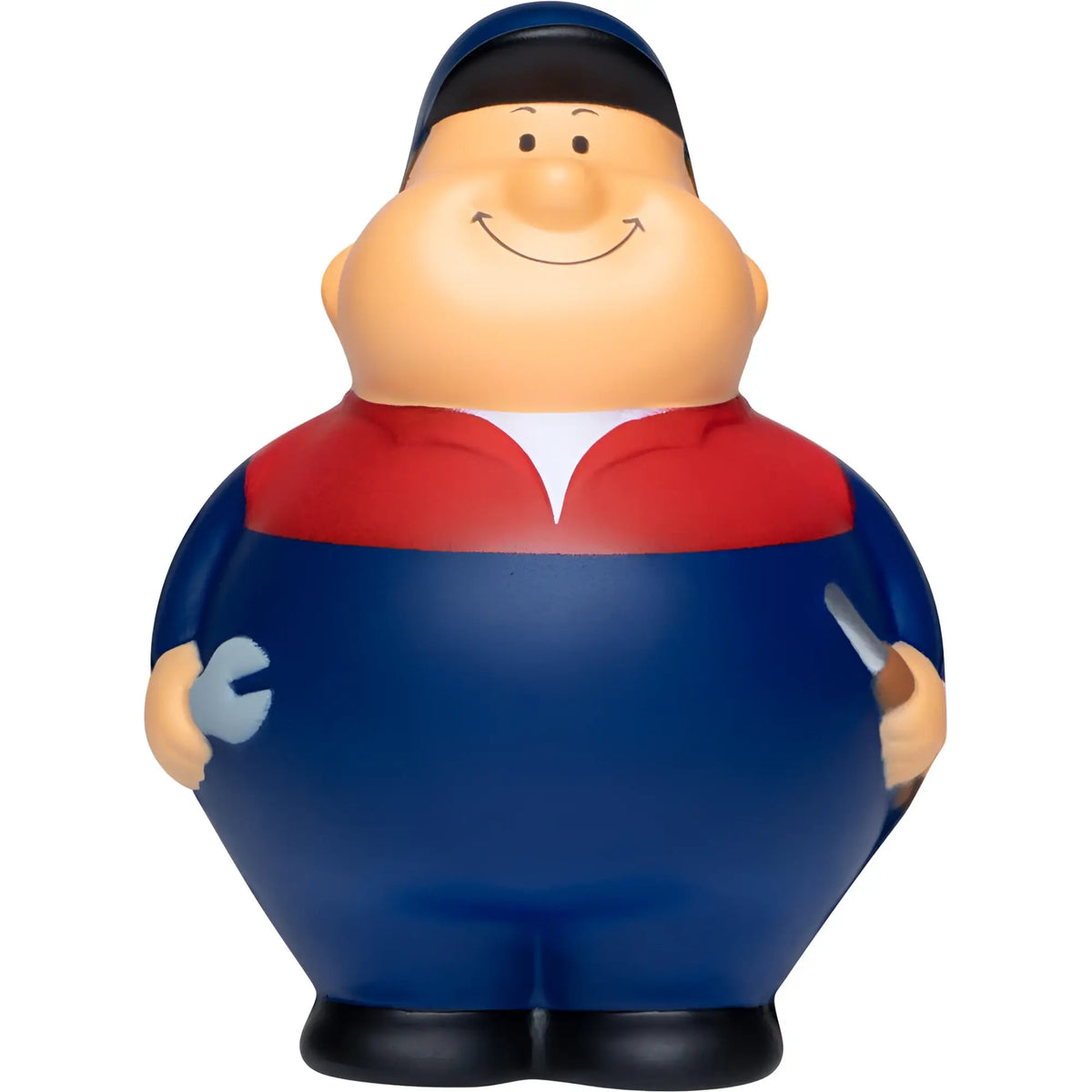 Mechaniker bert® anti-stress-figur in blau und rot mit lächelndem gesicht und werkzeug in der hand