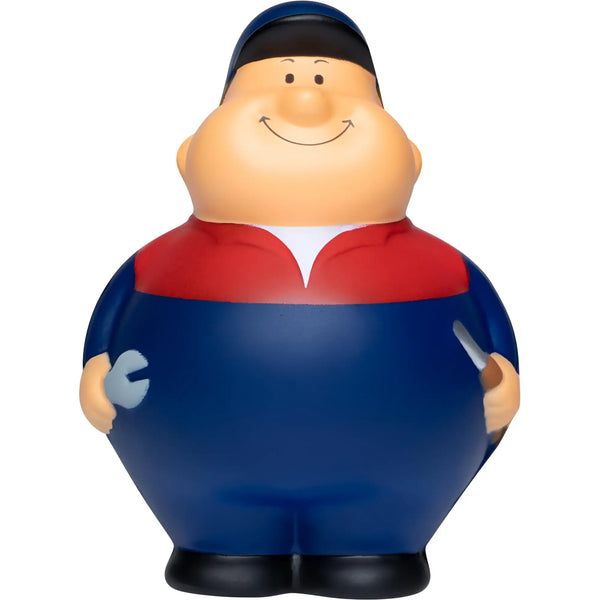 Mechaniker bert® anti-stress-figur in blau und rot mit lächelndem gesicht und werkzeug in der hand