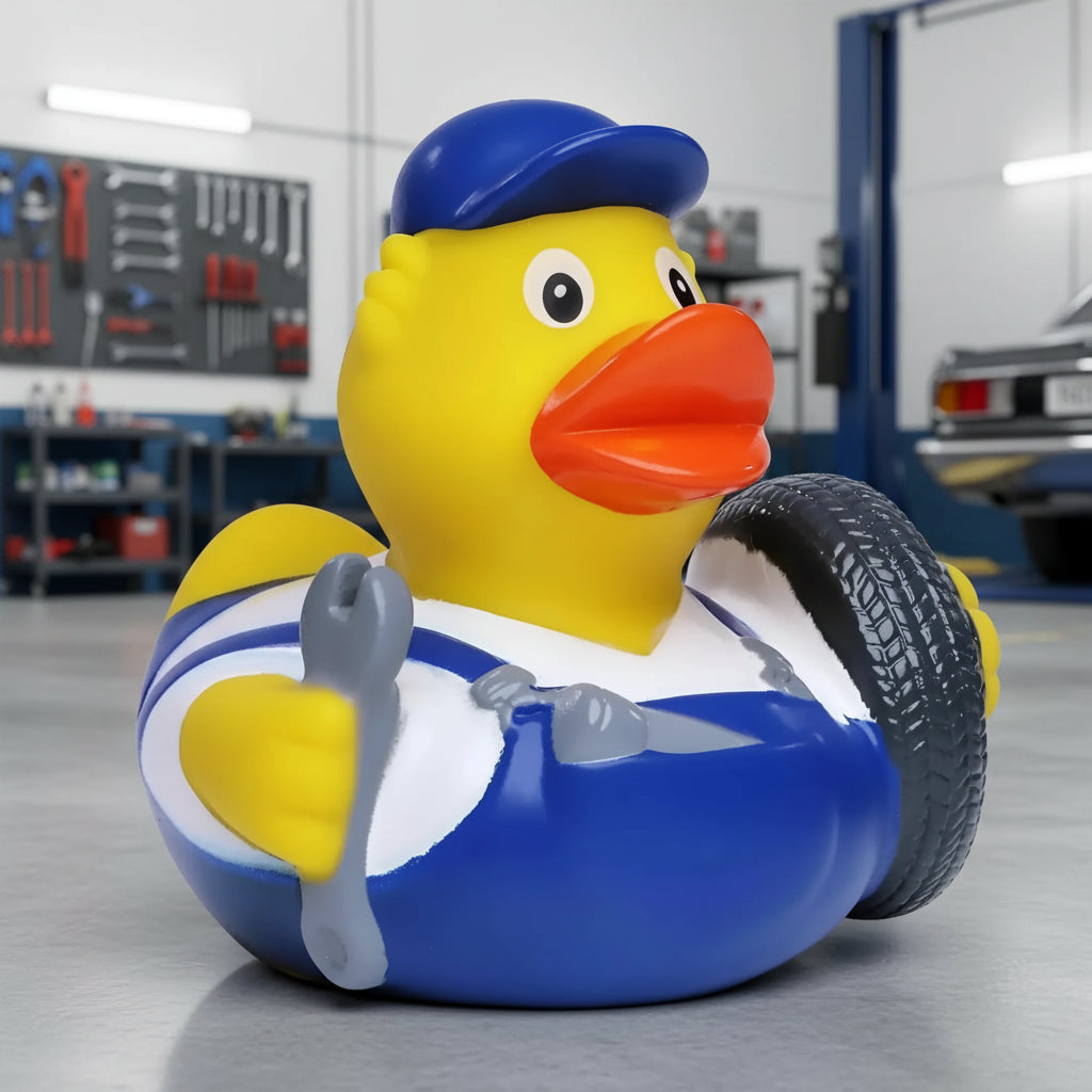 Gelbe badeente mechaniker mit blauer latzhose und mütze hält reifen und schraubenschlüssel