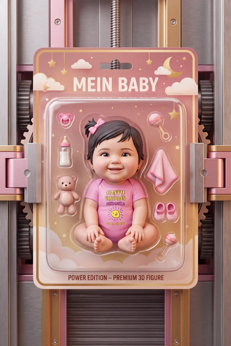 Rosa „Mein Baby“-3D-Babyfigur in einer transparenten Plastikhülle mit passenden Accessoires.
