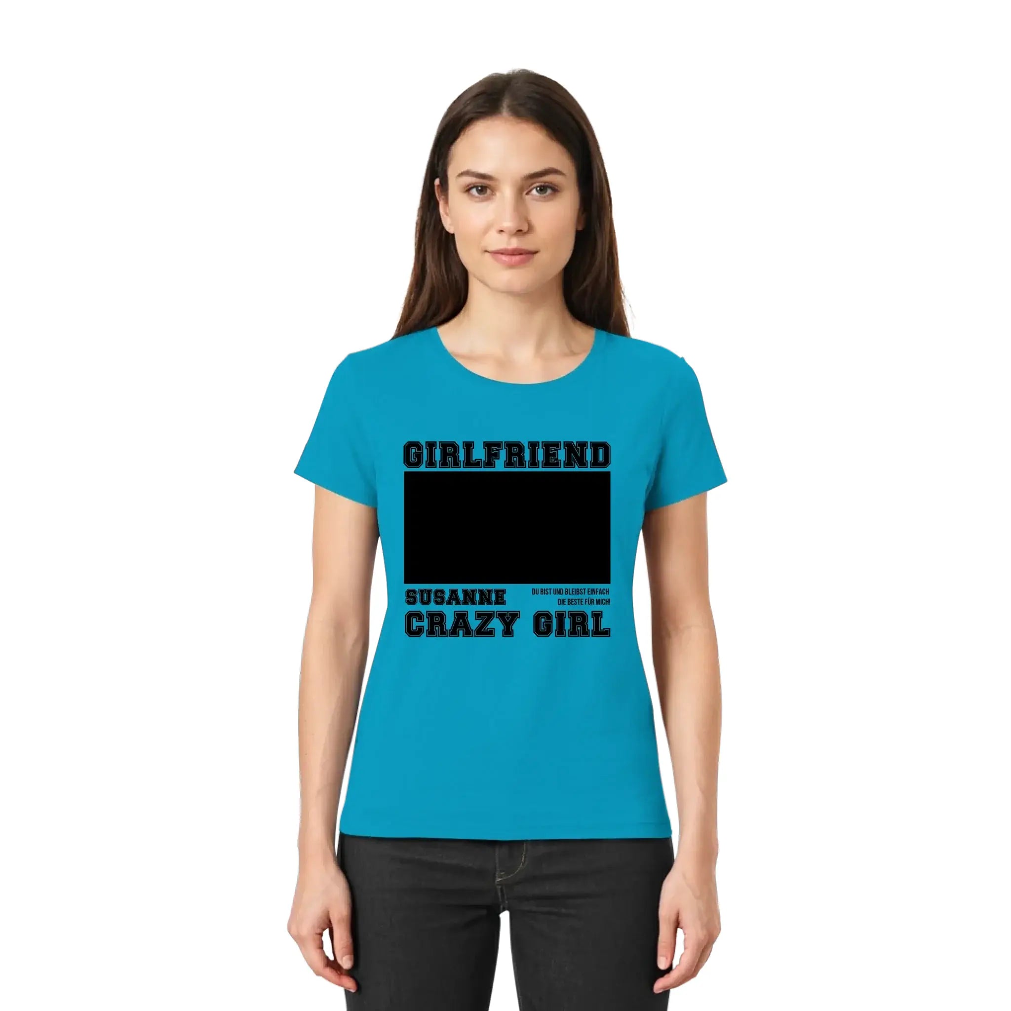 Tealfarbene damen kurzarm t shirt mit schwarzem text und grafik statement collection personalisiert design