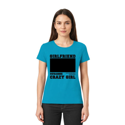 Tealfarbene damen kurzarm t shirt mit schwarzem text und grafik statement collection personalisiert design