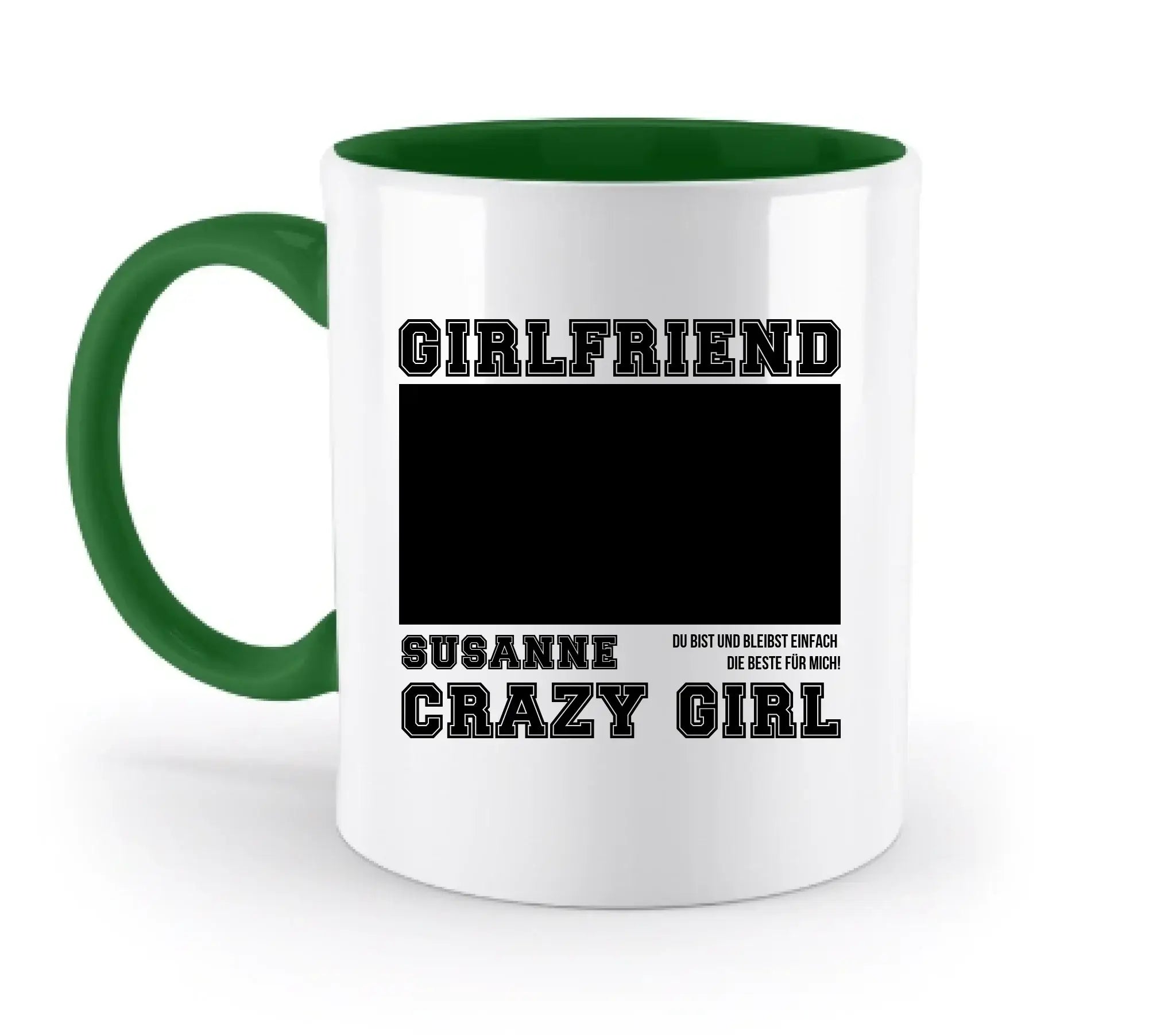 Weiße keramiktasse mit grünem innenraum und griff, personalisiert mit statement text und fotosplatz aus der statement-collection