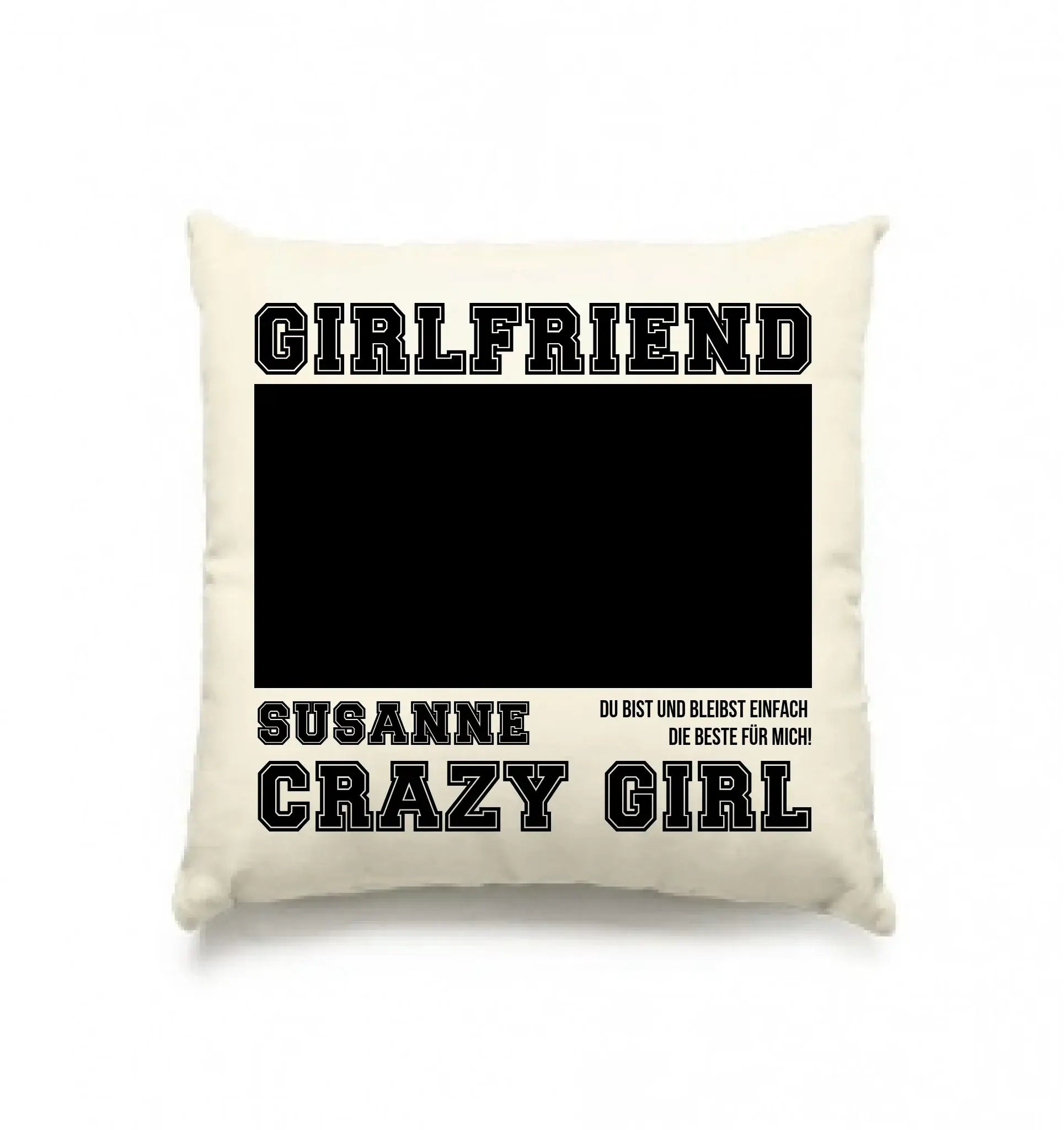 Creamfarbiges quadratisches kissen mit schwarzem text und zentralem freiem rahmen zum fotoeinsetzen personalisiert