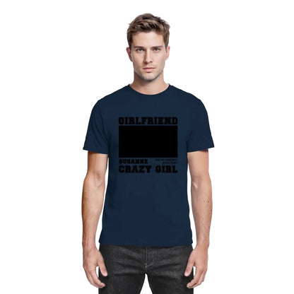 Navyblaues baumwoll t-shirt mit schwarzem text und leerem rechteck vorne personalisiert aus statement collection
