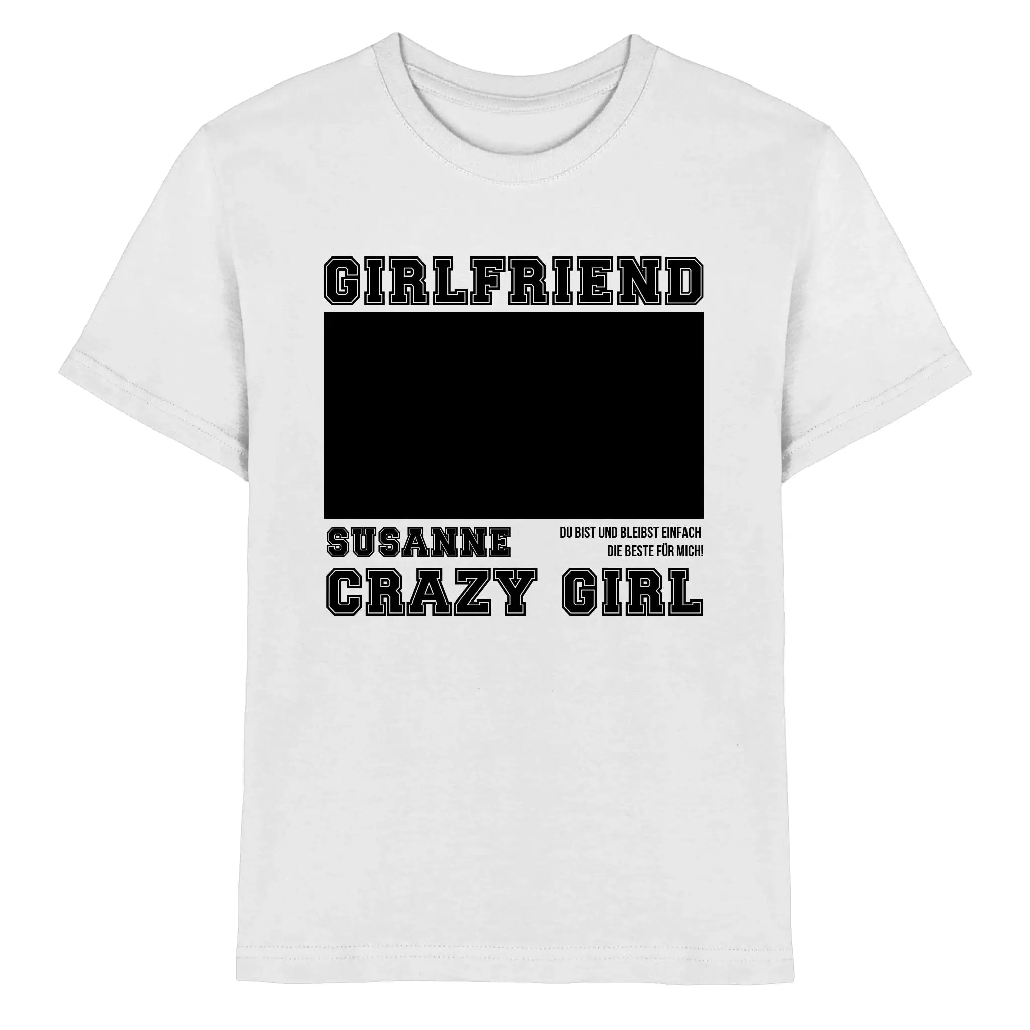 Weißes baumwoll t shirt mit schwarzem statement text und leerem rechteck für individuellen wunschtext