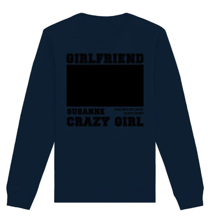 Rückseite eines marineblauen langarmshirts mit schwarzem text und rechteckigem freiem feld aus der mein fotomotiv 13 kollektion