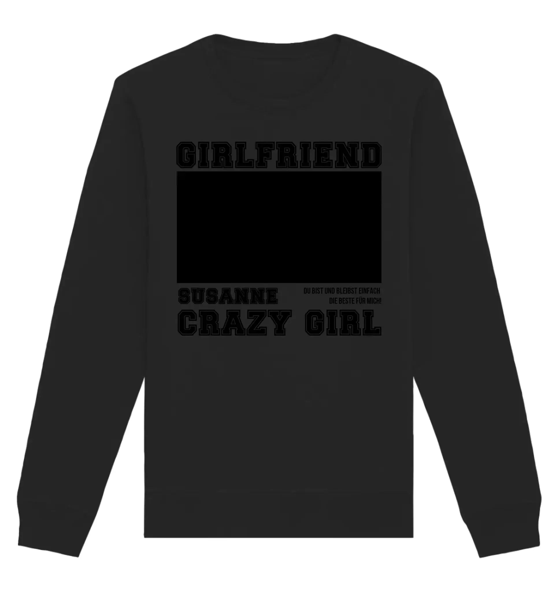 Schwarzes langarmshirt mit kühner aufschrift girlfriend und susanne crazy girl auf der rückseite personalisiert