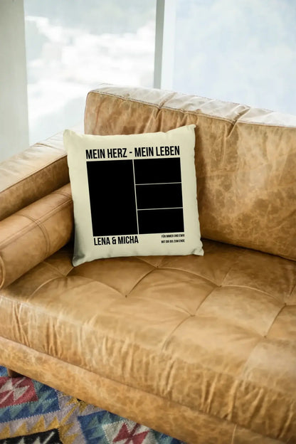 Creamfarbener kuschelkissen mit schwarzem text mein herz mein leben und namen lena und micha personalisiert
